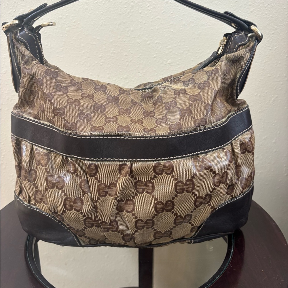 Gucci Beige and Dark Brown Monogram Shoulder Crystal Coated Shoulder Bag